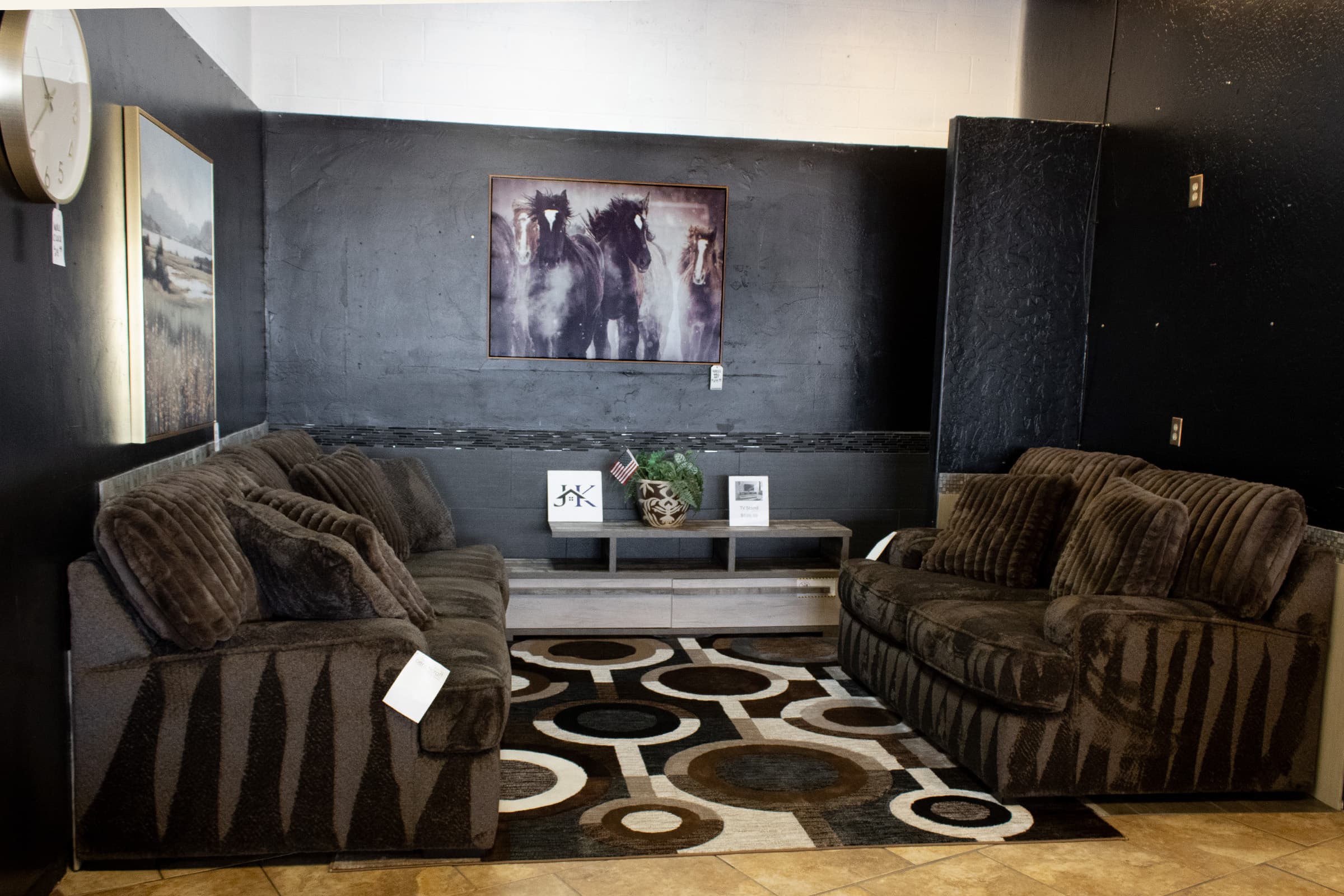 Full living room showroom setup at JK Home Furnishings